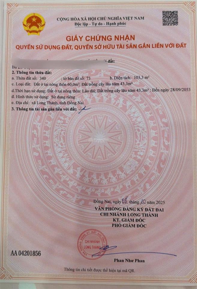 Bán lô đất khu phước thuận xã long thành, giá 3,5 tỷ, thổ cư, hẻm nhựa