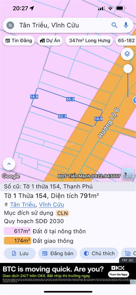 Bán đất mặt tiền hương lộ 6, phường tân triều, đồng nai, 1.066m2, sổ riêng, thổ cư