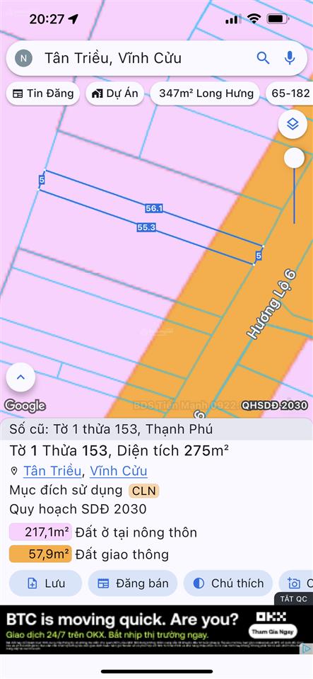Bán đất mặt tiền hương lộ 6, phường tân triều, đồng nai, 1.066m2, sổ riêng, thổ cư