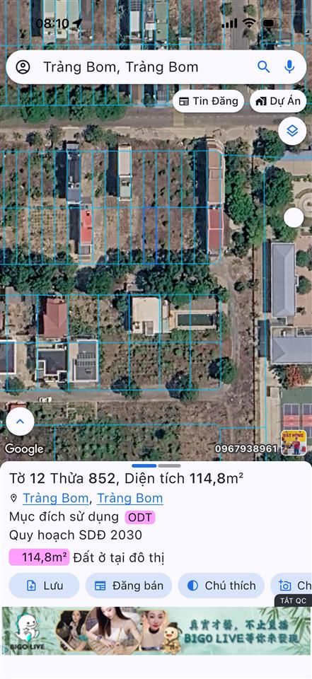 Đất thị trấn trảng bom, thành phố đồng nai, sổ riêng, thổ cư 100%, 114,8m2, đường nhựa 8m, giá tốt