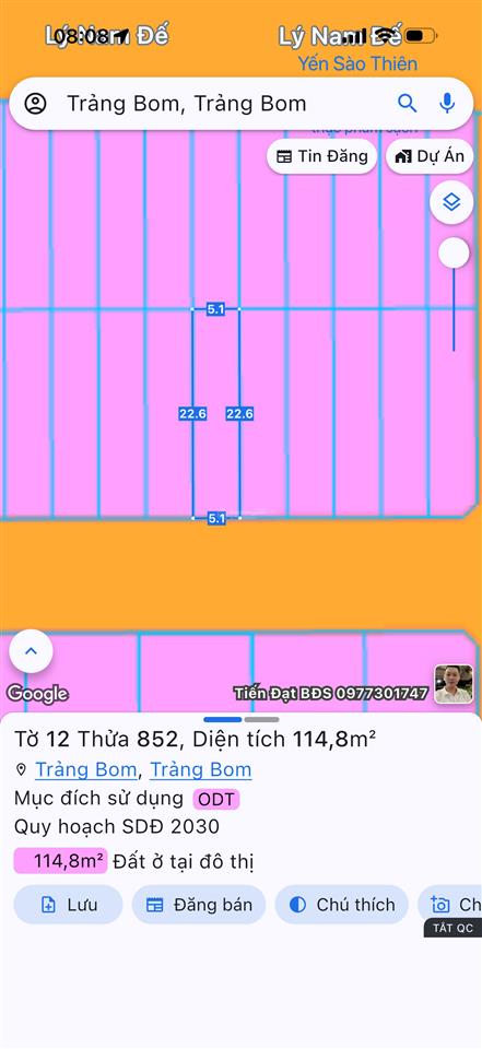 Đất thị trấn trảng bom, thành phố đồng nai, sổ riêng, thổ cư 100%, 114,8m2, đường nhựa 8m, giá tốt