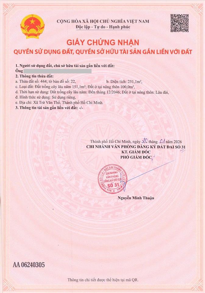 Đất vườn bưởi bình dương 251.1m2 có thổ cư, giá 950tr