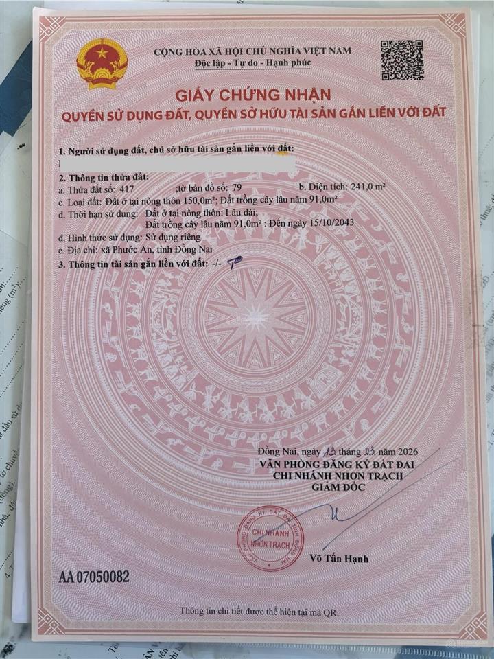 Chủ gửi bán lô đất 241m2 có 150m2 thổ cư, 1/ hùng vương, xã phước an