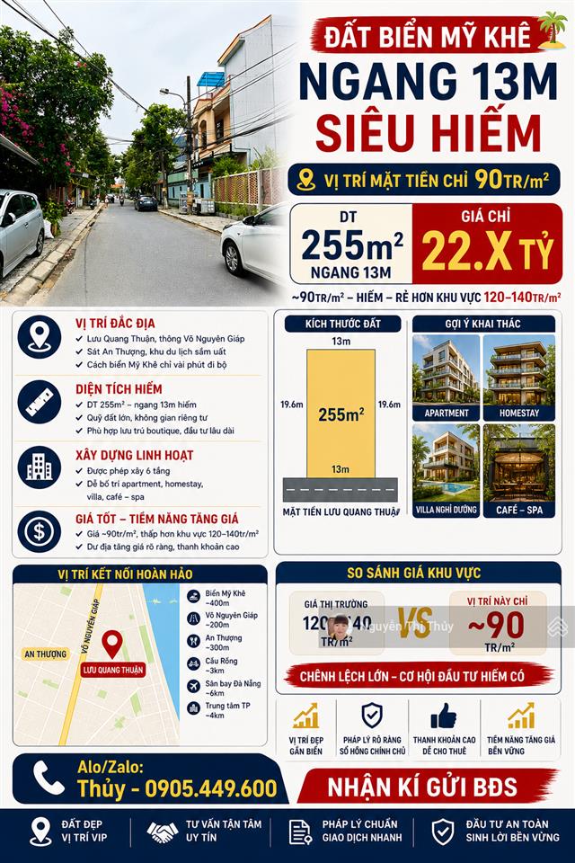 Rẻ hơn giá ttđất biển mỹ khê, sát khu phố tây an thượng, đường mặt tiền, dt lớn 255m2, ngang 13m