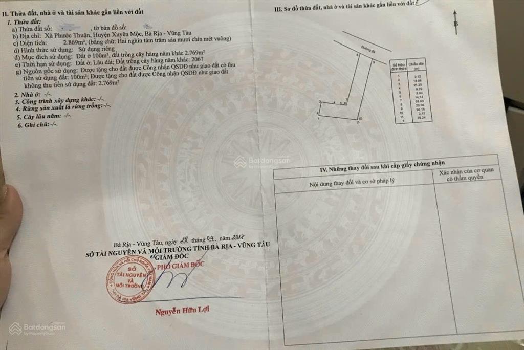 Bán đất 2869m2. đất nở hậu l. có 100m2 thổ cư xã phước thuận, xuyên mộc, vt. giá 7,5 tỷ