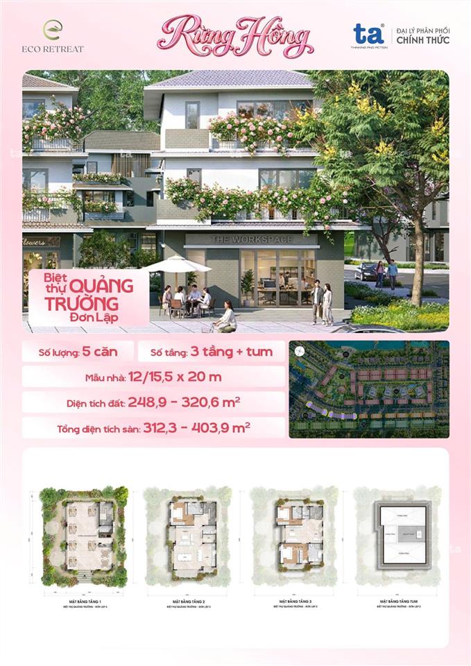 Biệt thự quảng trường sl rừng hồng eco retreat, 9,5x20m, 3 tầng1tum, view trực diện qtrường lễ hội
