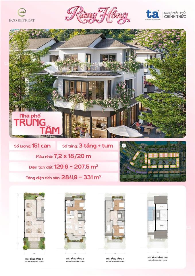 Căn nhà phố trung tâm rừng hồng 7,2x18/20m, xây dựng 3 tầng 1 tum, ngay khối đế toà forest onsen