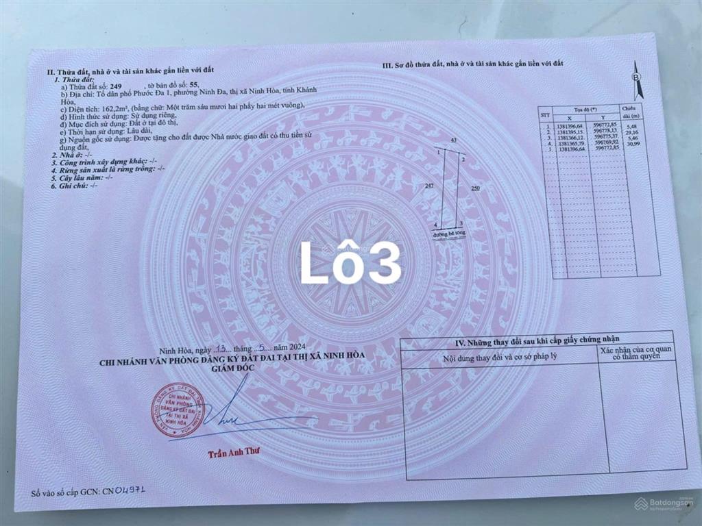 Bán đất đường nguyễn cụ 20m  khu trung tâm phường ninh hoà, sát ql1a 162m2 chỉ 1tỷ440tr (8,9tr/m2)