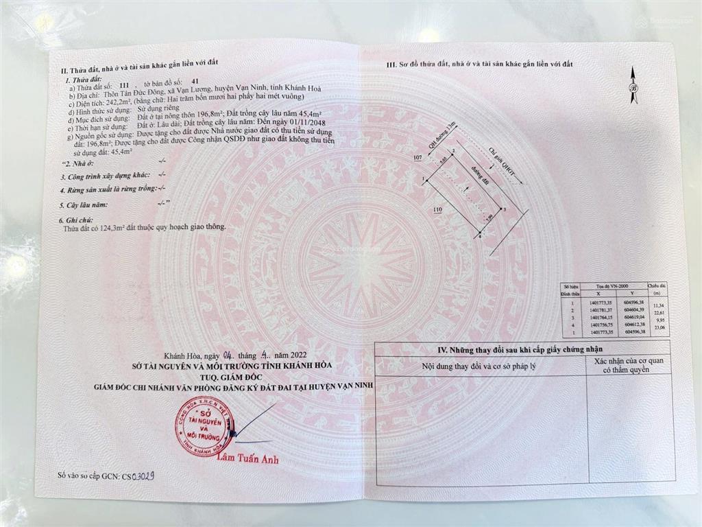 Bán đất thổ cư + đất trồng cây lâu năm vạn lương, vạn ninh, khánh hòa