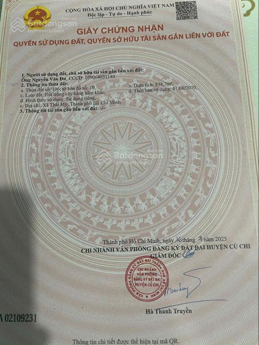 Bán đất thái mỹ củ chi  3700m² mặt tiền nhựa  1.5km đến trung tâm  giá 1tr/m²