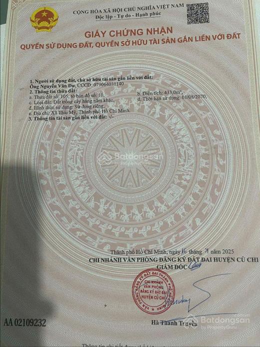 Bán đất thái mỹ củ chi  3700m² mặt tiền nhựa  1.5km đến trung tâm  giá 1tr/m²