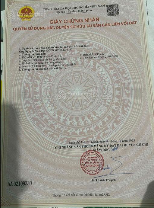 Bán đất thái mỹ củ chi  3700m² mặt tiền nhựa  1.5km đến trung tâm  giá 1tr/m²