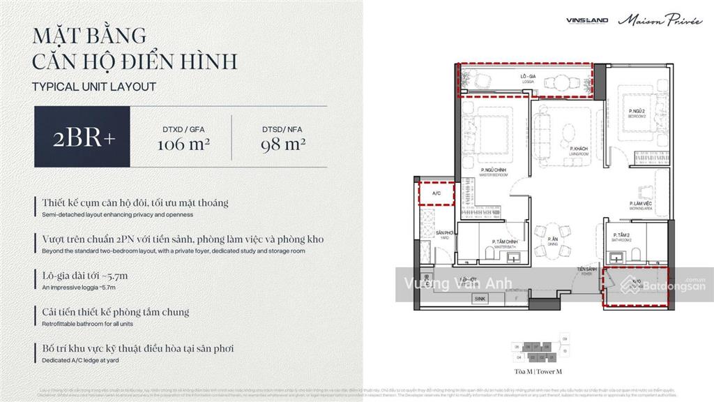 Chi tiết căn hộ 2pn+2wc 98m2 trục 01 tòa m maison privée  capitaland view công viên ciputra k chắn
