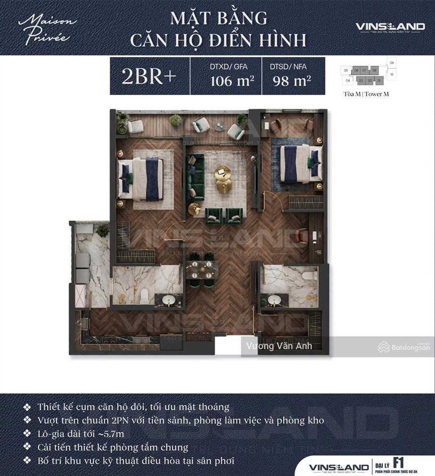Chi tiết căn hộ 2pn+2wc 98m2 trục 01 tòa m maison privée  capitaland view công viên ciputra k chắn