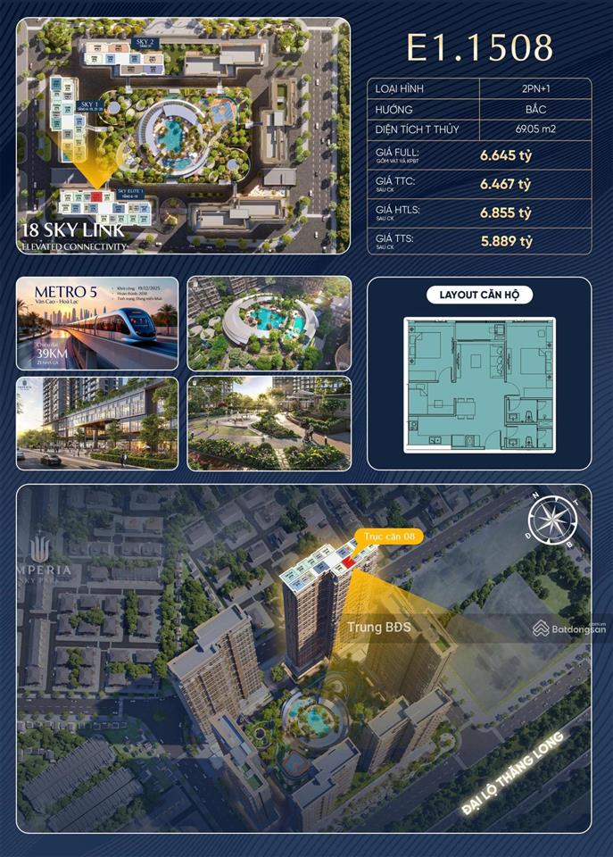 Bán căn hộ 2pn+ toà e1 dự án imperia sky park an khánh trực tiếp cđt mik htls 0% trong 24 tháng