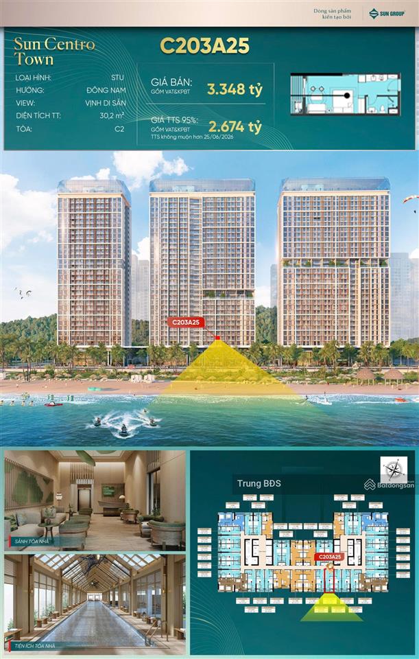 Bán căn studio sun festo town hướng đông nam view vịnh, tầng thấp giá tốt trục