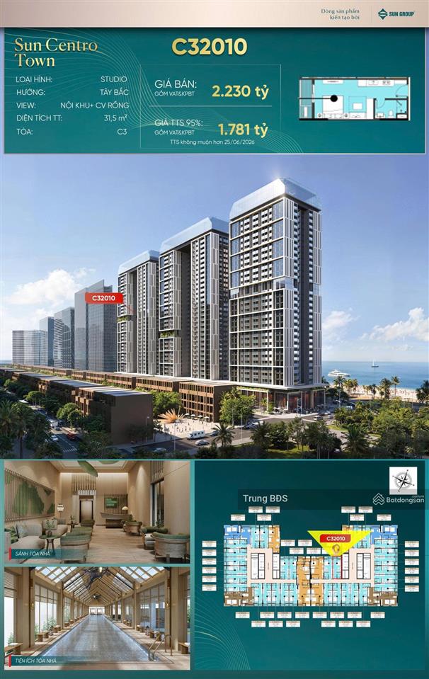 Bán căn hộ studio sun festo town tầng 20 view toàn cảnh cv rồng, căn góc thoáng