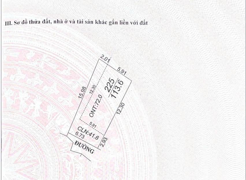 Chính chủ bán gấp đất 113,6m2 mặt tiền 6,73m nở hậu.