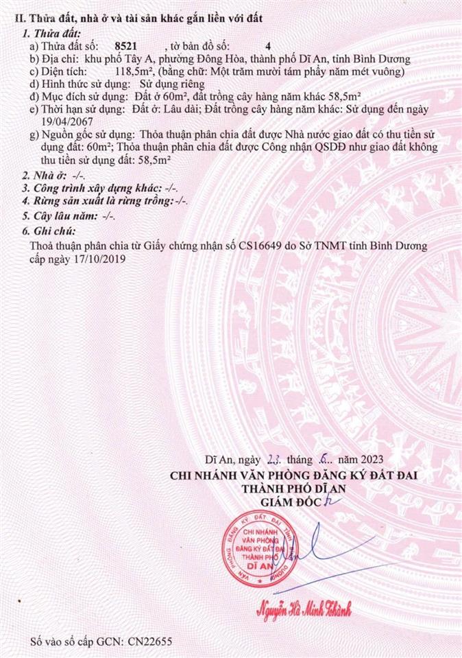 Bán đất dg võ thị sáu gần ngay st go dĩ an dt 118m ngang 4,5 giá 7ty5  0906 309 ***