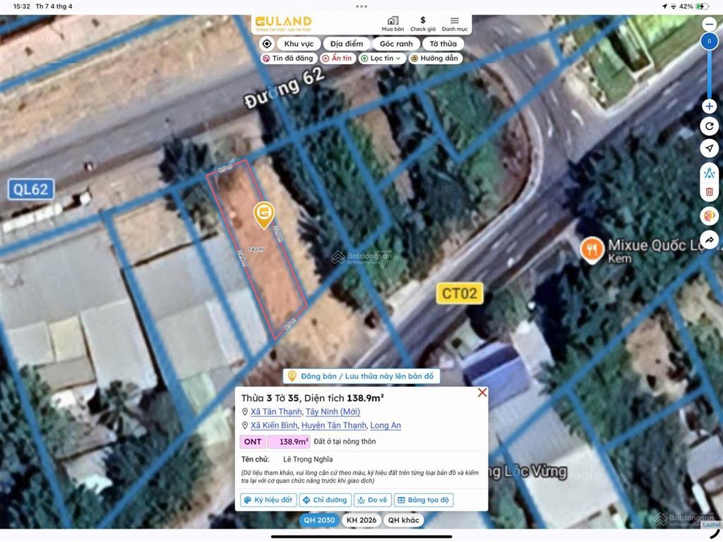 Bán đất 220m2, 3,5 tỷ tại đường n2, xã kiến bình, huyện tân thạnh, long an, view đẹp