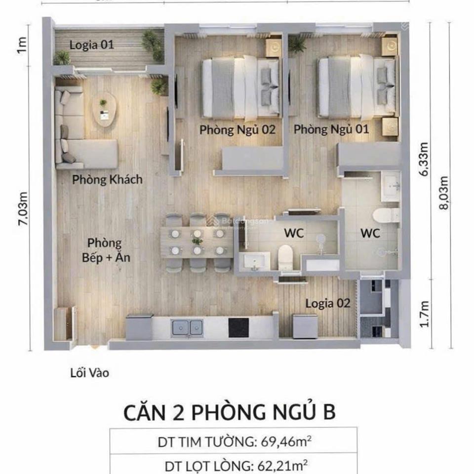 Bán căn hộ 2 phòng ngủ 70m², giá 1 tỷ 700, ngân hàng hỗ trợ 80%, lãi suất 5.4%/năm, đầy đủ nội thất