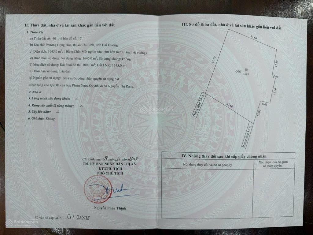 Chính chủ bán đất trung tâm cộng hoà, chí linh, hải dương, 3100m2 mt30m đường nhựa 6m giá 12tỷ