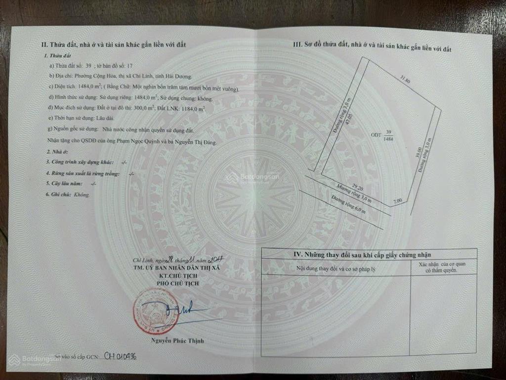 Chính chủ bán đất trung tâm cộng hoà, chí linh, hải dương, 3100m2 mt30m đường nhựa 6m giá 12tỷ