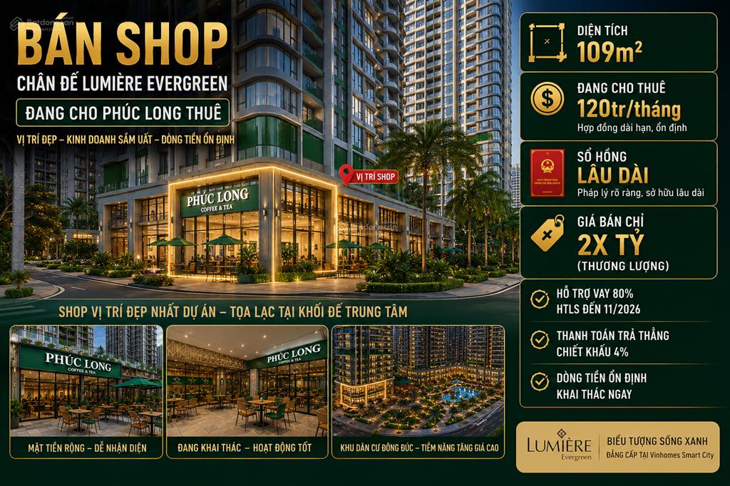109m2cho thuê 120tr/thángcăn góc mặt đường 52m bán shop chân đế hoa hậu lumiere evergreen