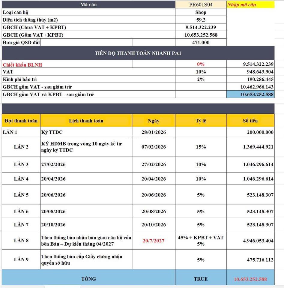 Bán suất ngoại giao duy nhất shop đế mặt sảnh pr6  60m2  gần 11 tỷ