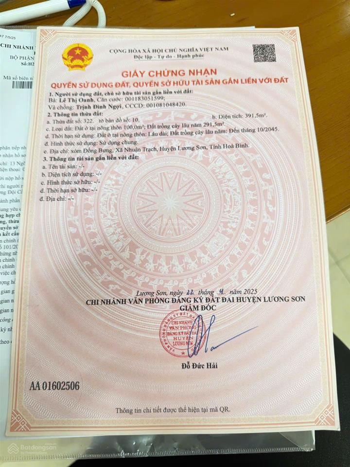 Lô đất 391m2 ngay kcn nhuận trạch và kcn lương sơn. giá chưa tới 10tr/m2