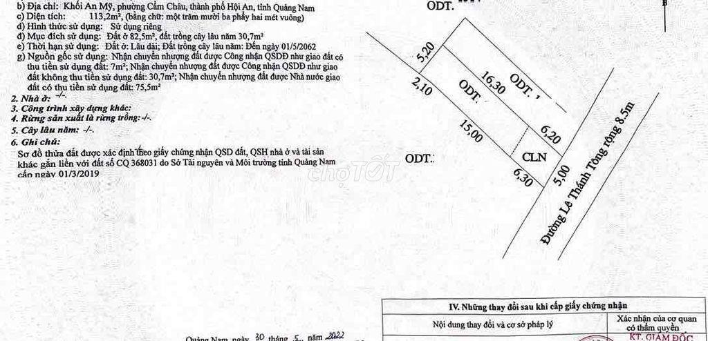 Bán lô LÊ THÁNH TÔNG Cẩm Châu - Hội An 113,2m2 giá 5 tỷ
