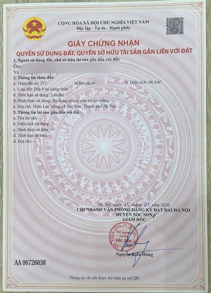 Bán đất lạc nông, 2,2 tỷ, 46,1 m2, giá tốt uy tín  gần kcn nội bài