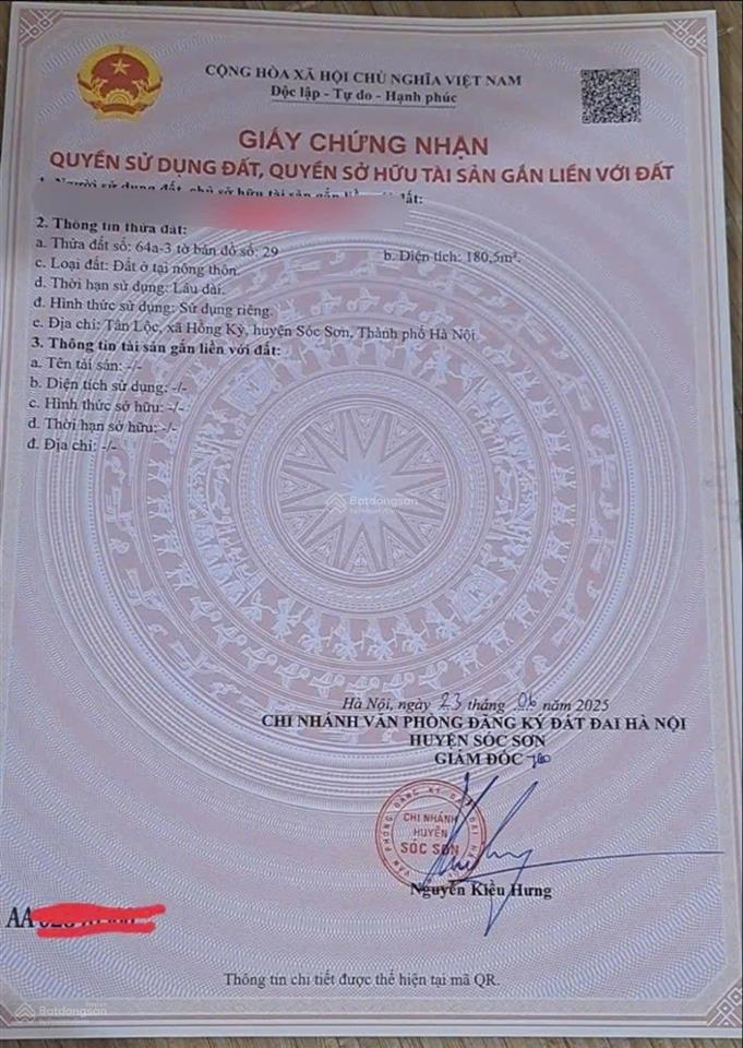 Bán nhanh 180m tân lộc, hồng kỳ  sổ đỏ sẵn giao dịch