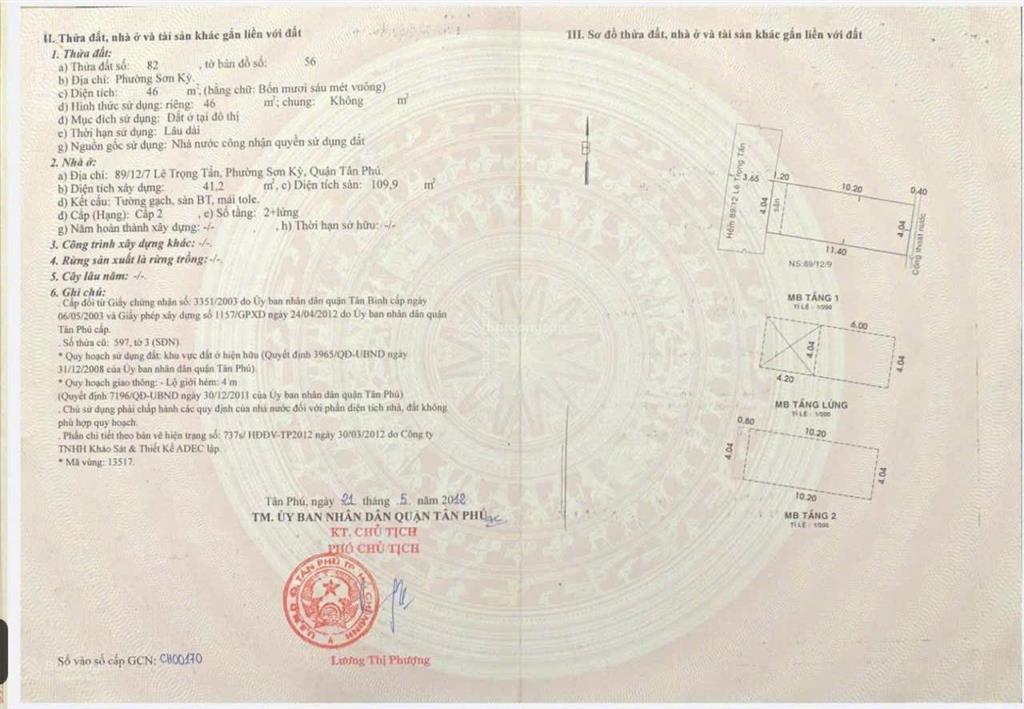 Bán nhà shr 4.8 tỷ số 89/12/7 lê trọng tấn, p.sơn kỳ, tân phú, tp.hcm