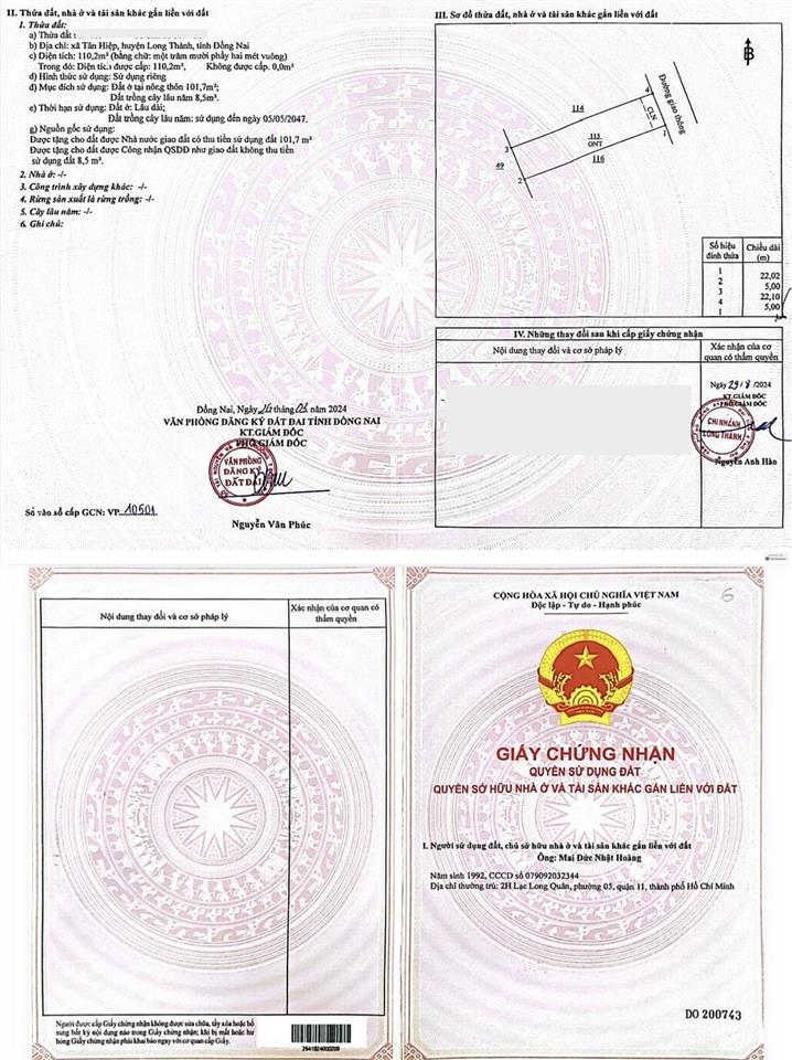 2 lô đất bàn cờ tân hiệp, 110m2 full thổ cư 1.35 tỷ, dân đông, cạnh nhà thờ, kcn tân hiệp 1.000ha