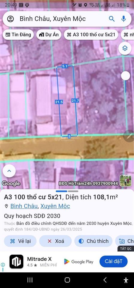 Bán đất tại khu 1, bình châu, 1,25 tỷ, 105,6 m2 bao đẹp tốt