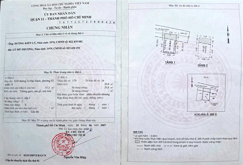 Bán nhà quận 11 hẻm 62 lê đại hành giá 3.3 tỷ