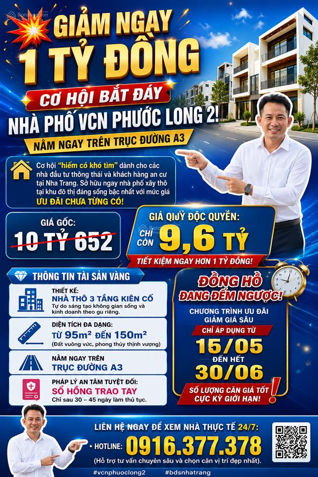 Chỉ 9,6 tỷ sở hữu nhà thô, 3 tầng vcn phước long 2, mt đường a3. có sổ ngày sau 3045 ngày.