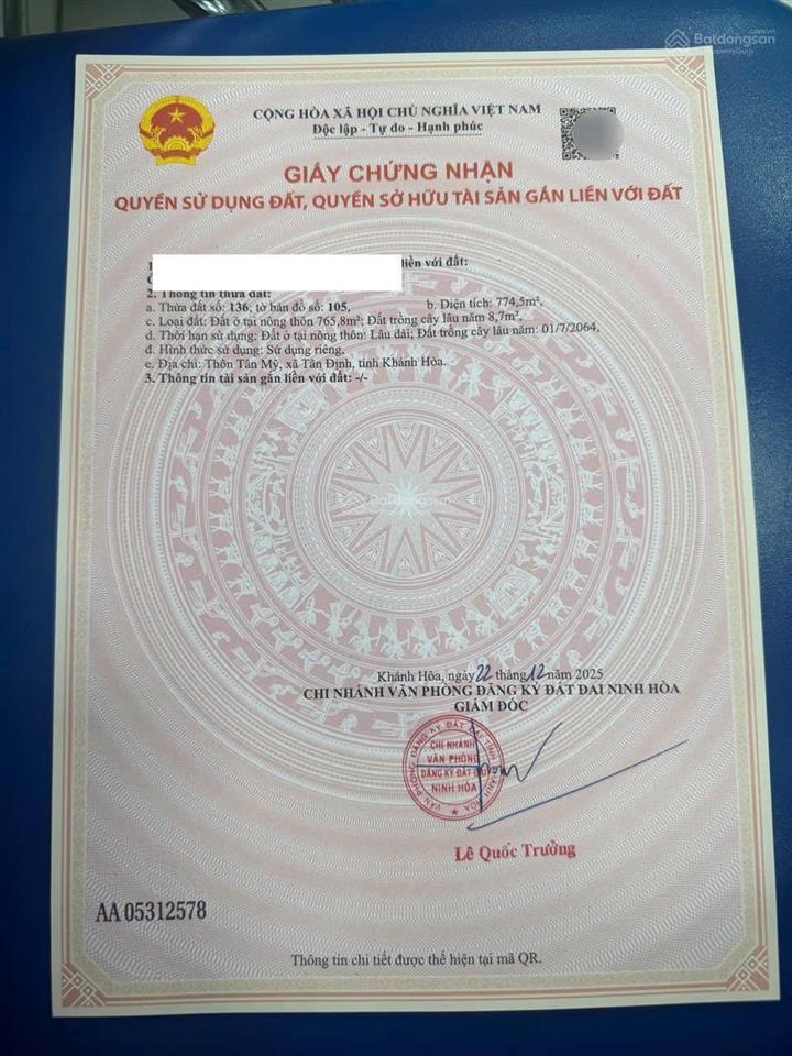 Bán 774,5m2 đất (tân mỹ, tân định) ninh xuân, ninh hoà. rộng đẹp, yên tĩnh, thoải mái.