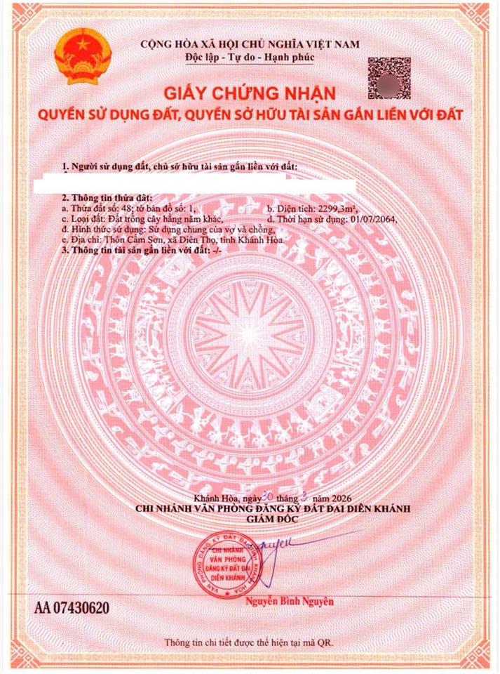 Bán 2959m2 đất có thổ cư, mặt tiền đường tỉnh lộ 2, sau giáp sông cái. diên thọ, diên khánh.