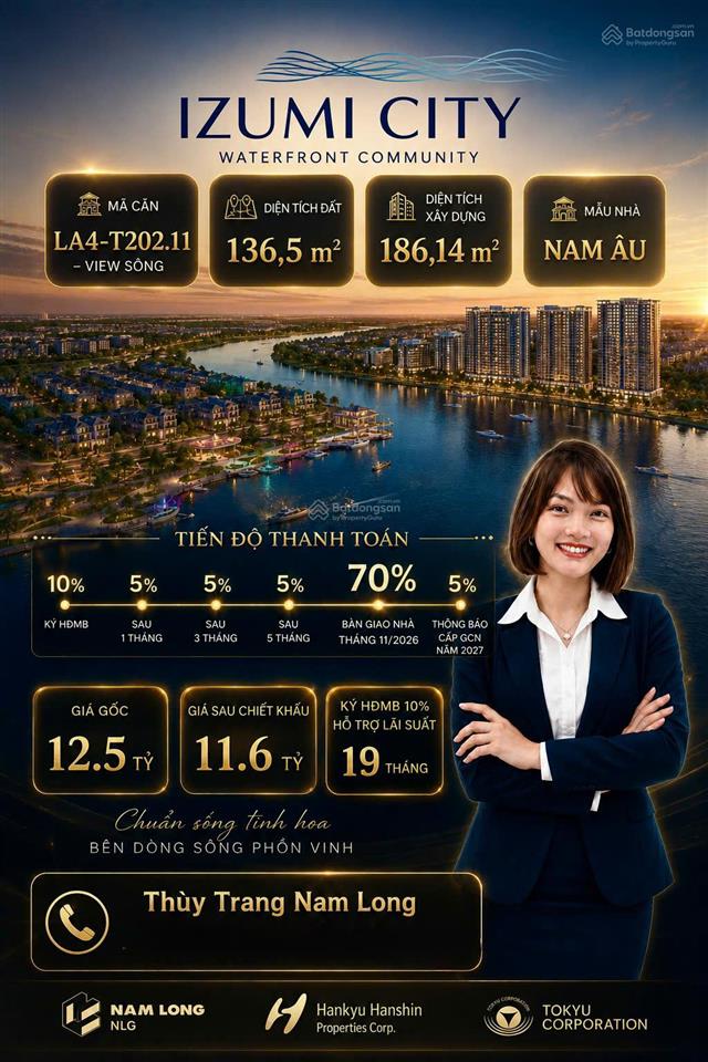 Nhà phố vườn 7x19,5m view kênh đào phân khu canaria izumi city, gần clubhouse, ký hđ mua bán 10%