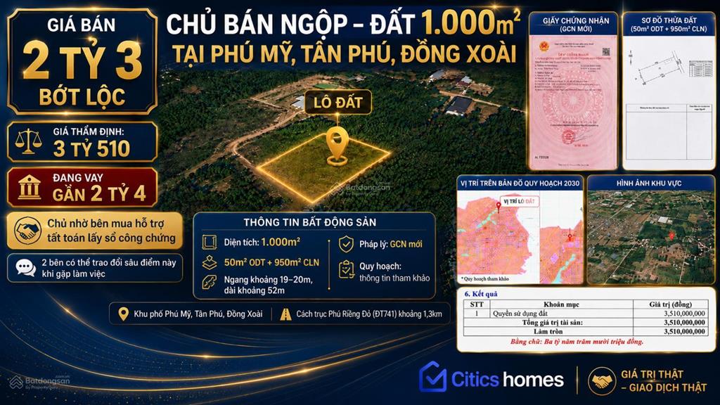 Chủ bán ngộp  đất 1.000m² đồng xoài, bình phước, 50m² odt, ngang gần 20m  giá chỉ 2,3 tỷ bớt lộc