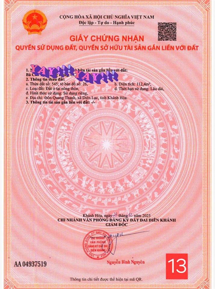 Bán đất diên khánh sát ql 27c  cách nha trang 15p  gần tt hành chính. tặng ngay 3 chỉ vàng sjc!