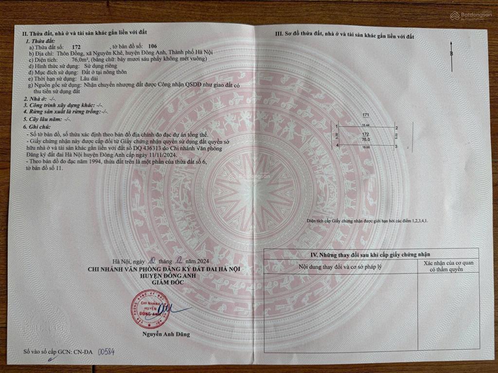 Ô tô tránh, 76m2 đất tại nguyên khê đông anh, mt 5m giá 6,95 tỷ