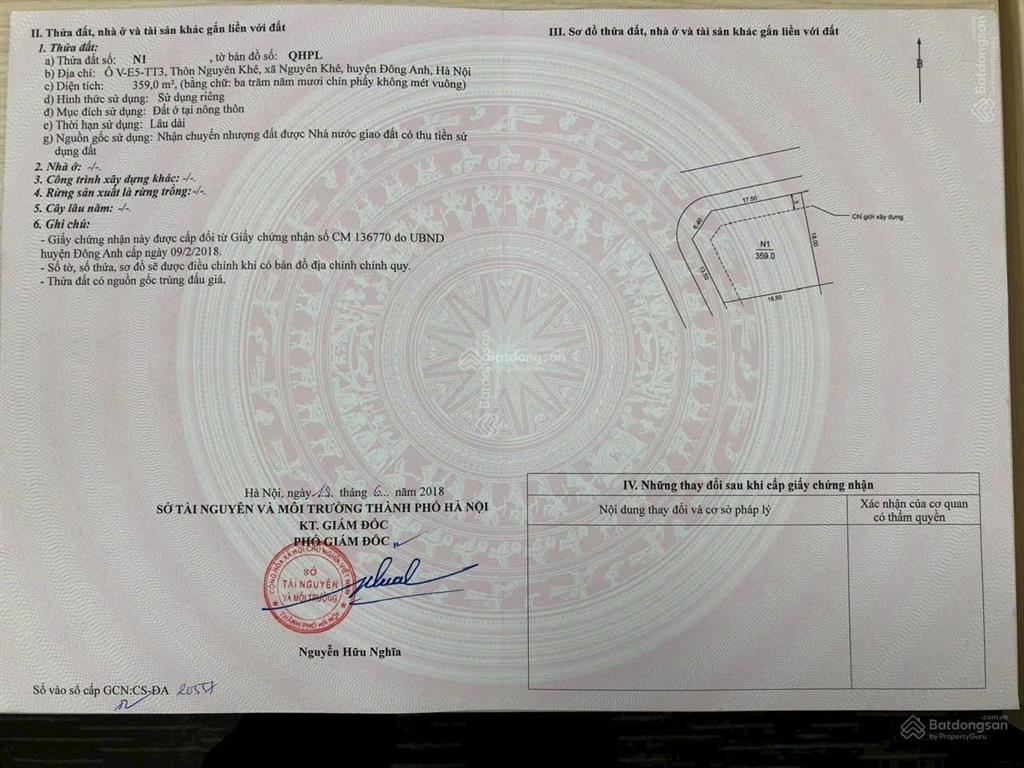 Bán đất biệt thự kđt nguyên khê chỉ 11xtr/m2, đường 15m vỉa hè kinh doanh các loại, 359 m2