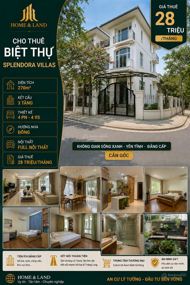 Cho thuê bt 4pn, 3wc, 270m2, giá ưu đãi 28 triệu tại mailand hanoi city, hoài đức