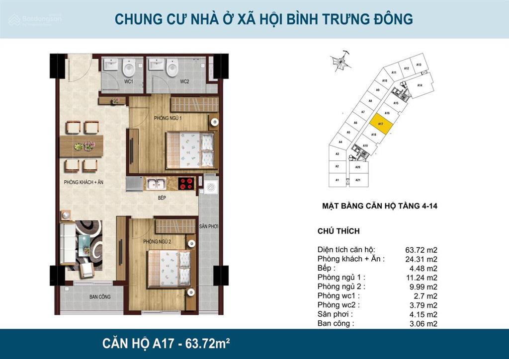 Bán gấp căn hộ 2pn, 2wc view đẹp tại blue sky tower, 2,95 tỷ, 64m2