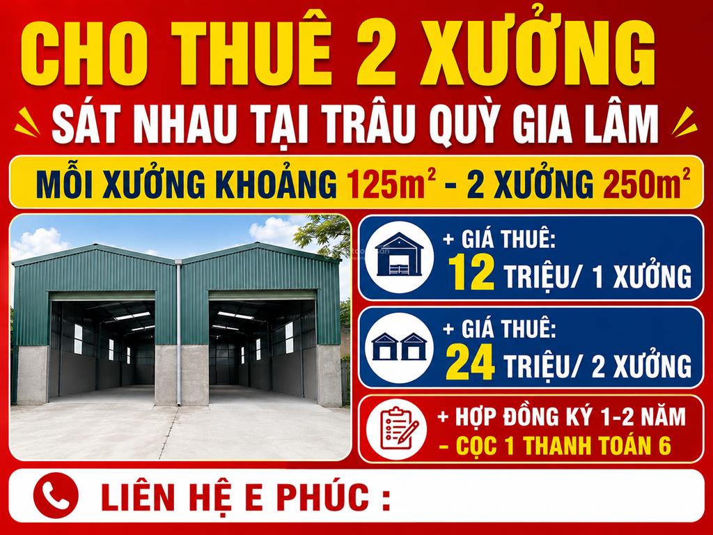 Em phúc gia lâm cần cho thuê xưởng 250m tại trung tâm trâu quỳ gia lâm hà nội