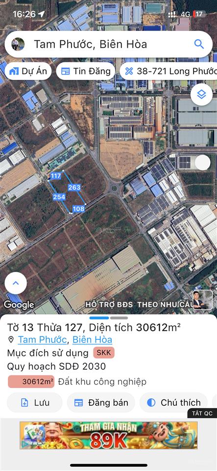 Lô đất 2 mặt tiền 30612m2 trong kcn giang điền hạn 8/2058 xây xưởng ok