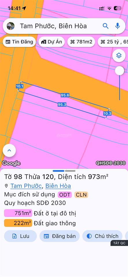 973m2, 100m2 thổ cư ngang 10 mặt tiền hl21 tam phước, biên hoà, đồng nai. quy hoạch mặt tiền hông